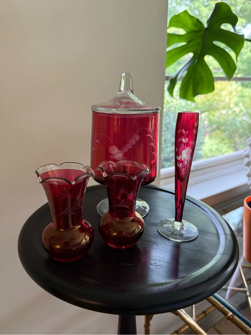 Ruby Red Etched Glass Pedestal Candy Jar and Vases Set